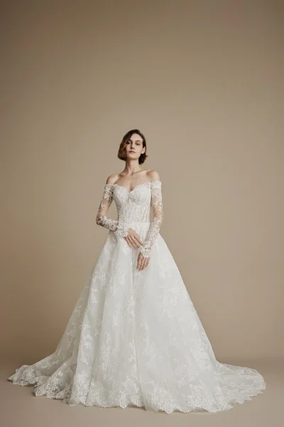 Cerise lace wedding gown